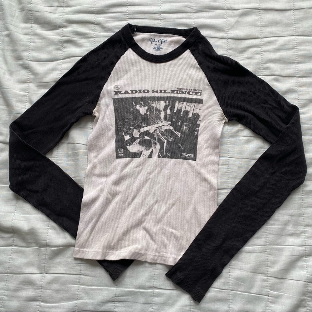 Brandy Melville Black & White Raglan 'Radio Silence' Graphic Long Sleeve Tee